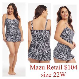 Mazu Swimdress 22W Black Gray Cheetah One Piece Ruffle Skirt Retro Pin Up Tummy